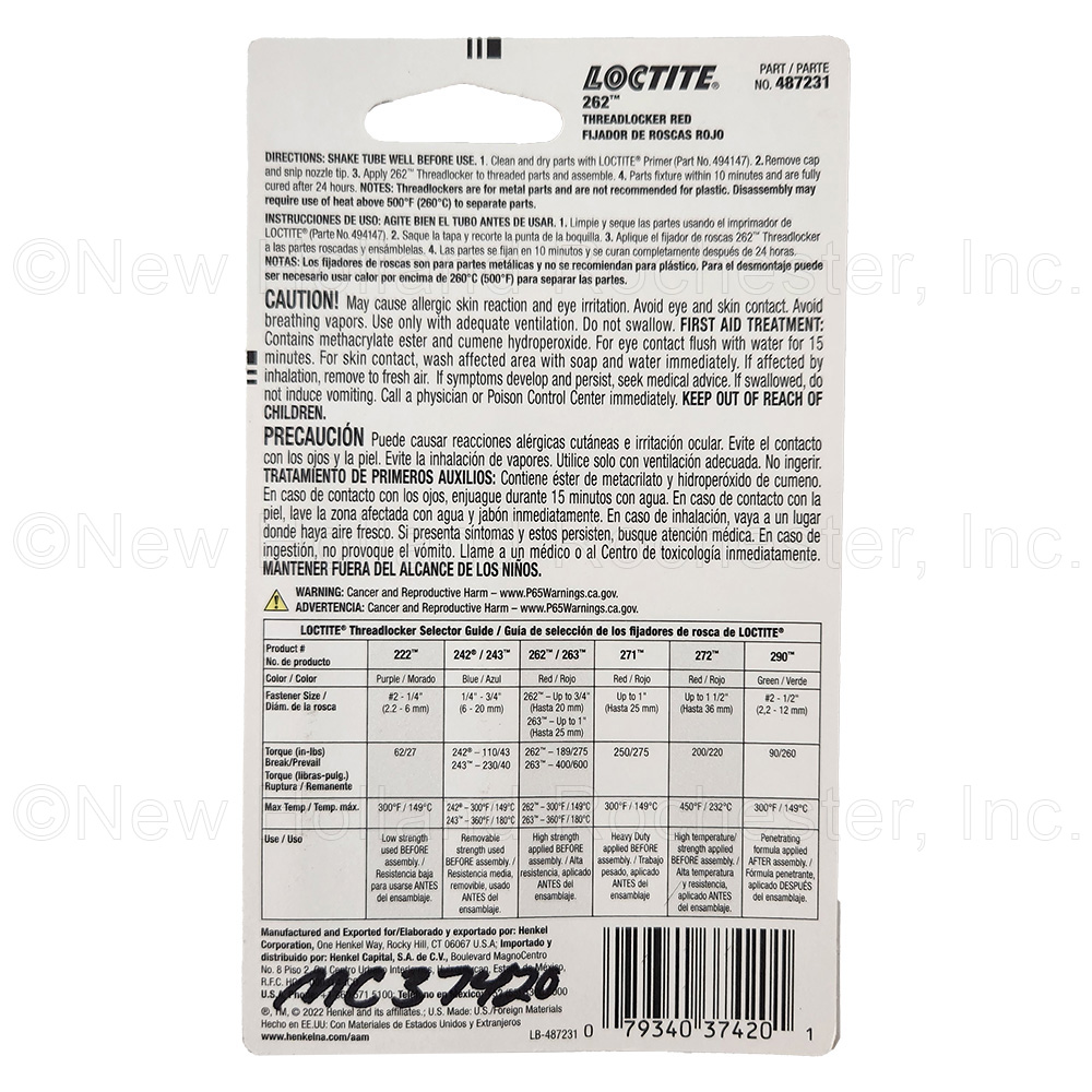 LOCTITE Threadlocker 262 6ml Tube Part # MC37420 - Image 2