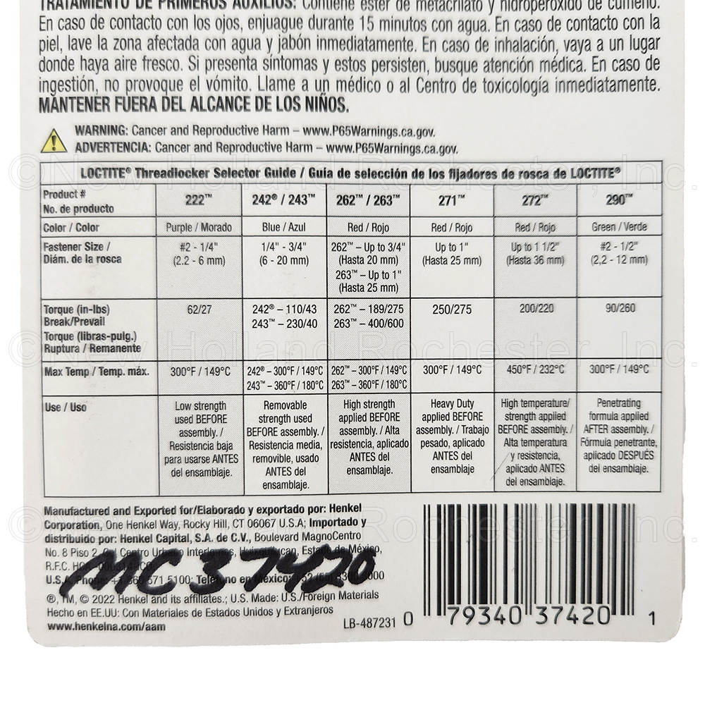 LOCTITE Threadlocker 262 6ml Tube Part # MC37420 - Image 4